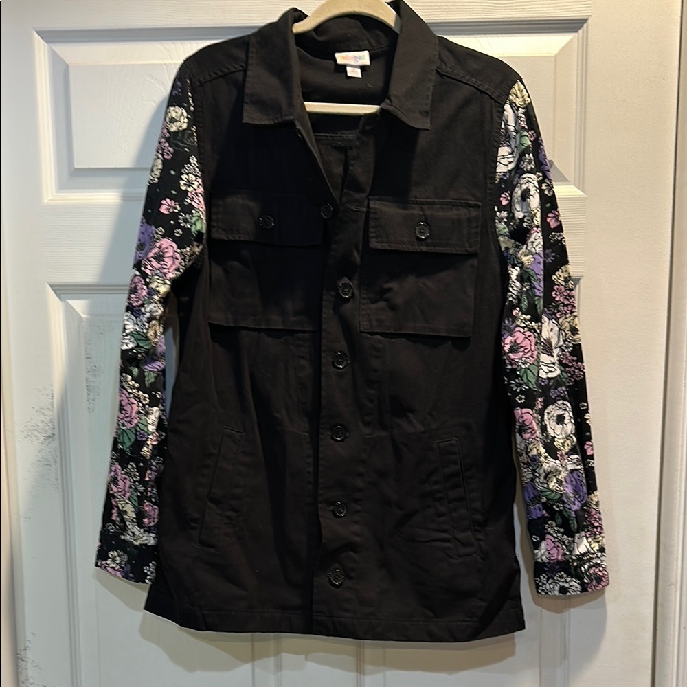 Lularoe Black Utility Cargo Jacket Floral Sleeves M